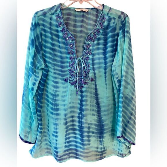 Soft Surroundings M* Turquoise Blue Beaded Sequin Tie-Dye Semi-Sheer Swim Cover - Picture 1 of 7